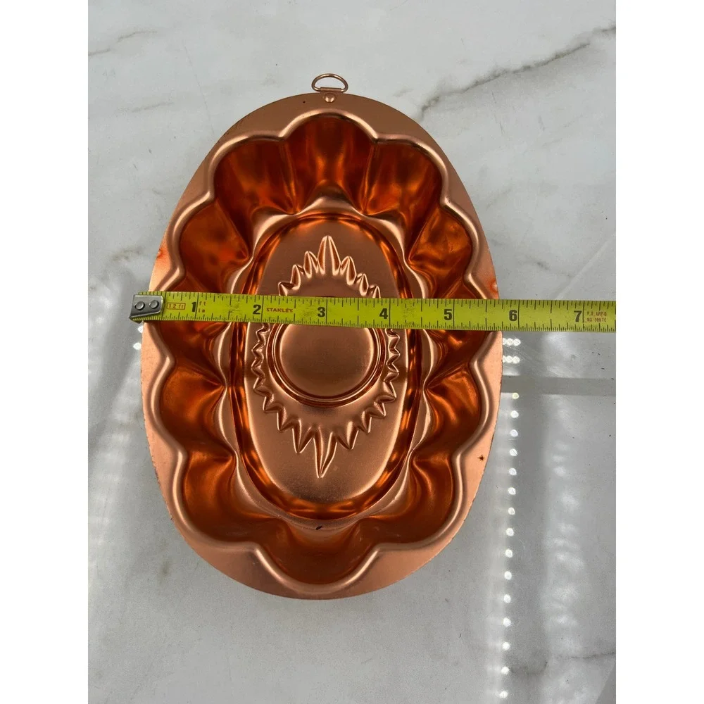 Vintage Copper Sunburst Jello Mold 3 Cup Oval Scalloped Wall Decor Hanging Pan